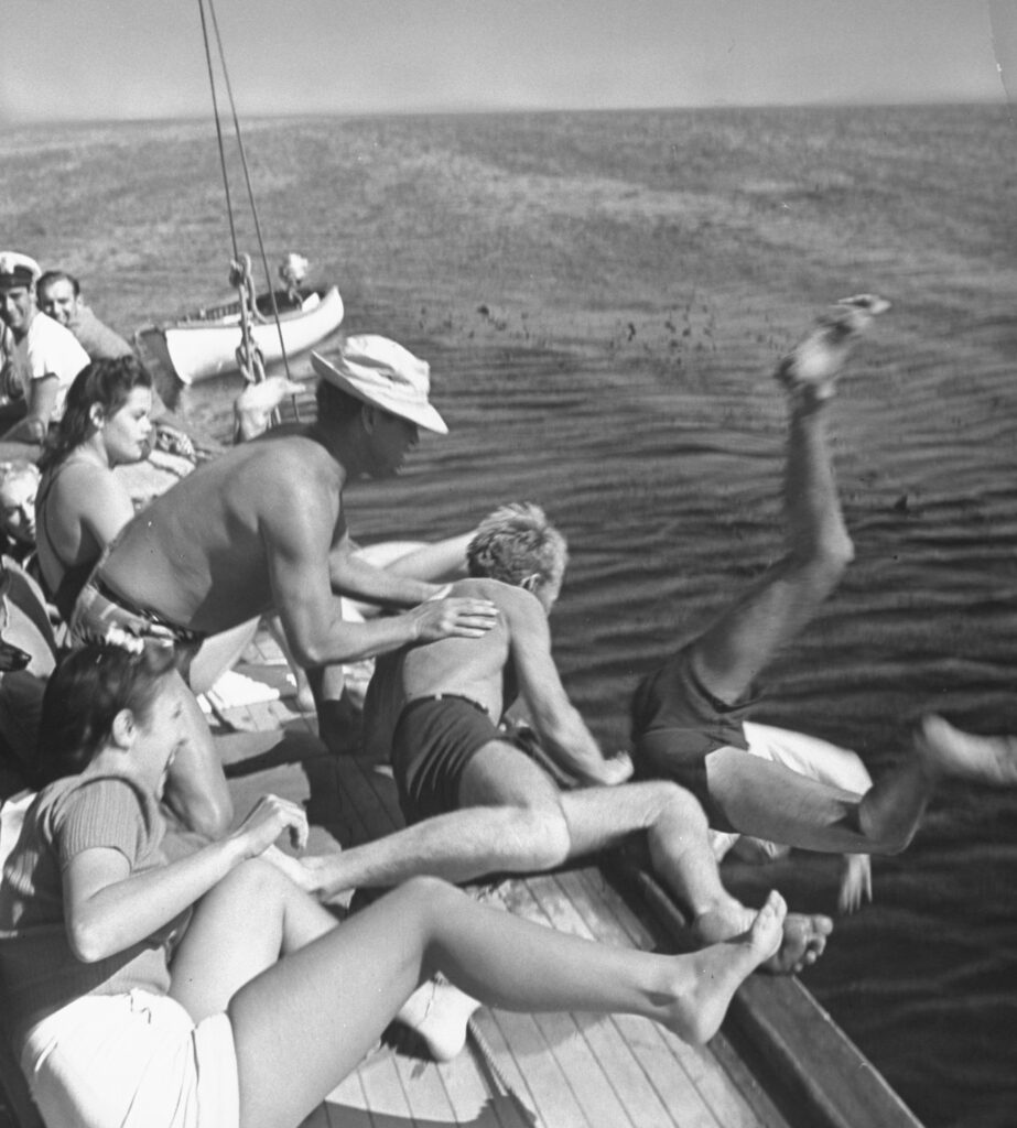 Santa Monica lifeguards partied at the end of their season, California, 1940.