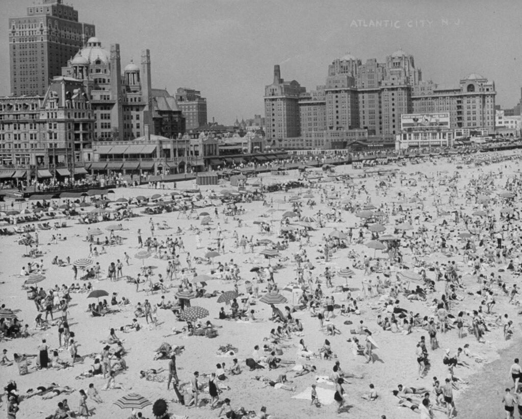 Aerial view of people at the beach, Atlantic City, N.J., 1941.