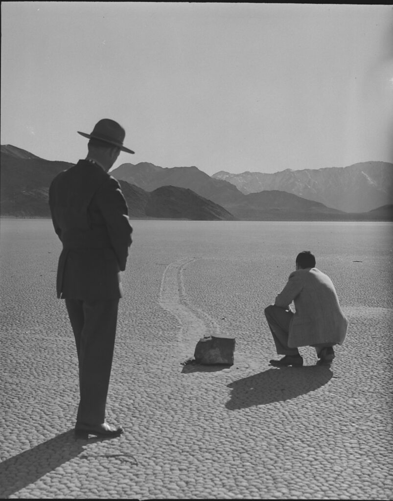 The “sailing stones” of the Racetrack Playa in Death Valley, California, 1952.