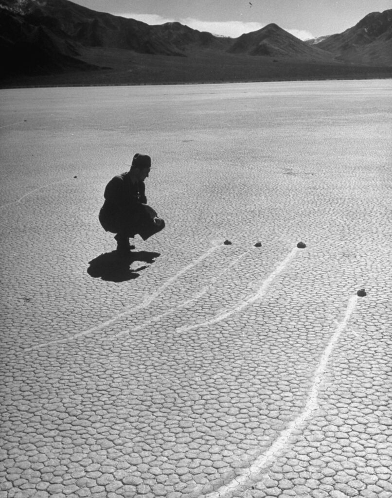 LIFE’s 1952 story on the sailing stones of Racetrack Playa in Death Valley included this photo of stone-like objects described as “burro droppings” that had likely been moved by the same forces as the stones.