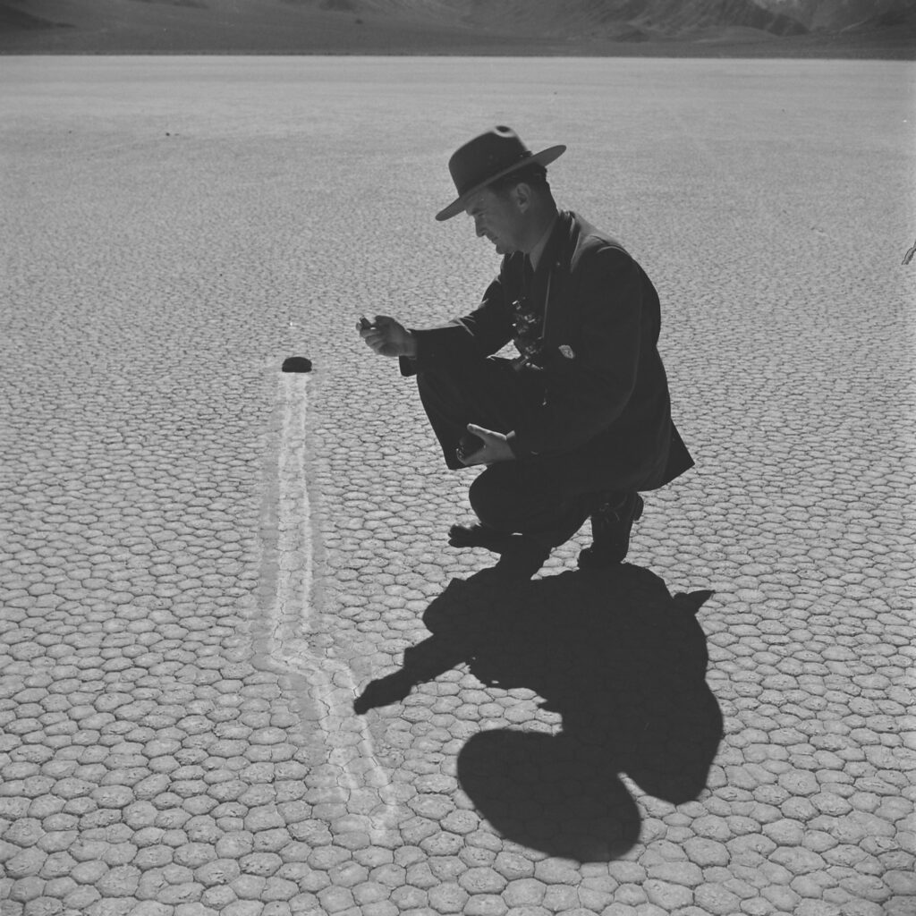 The sailing stones of the Racetrack Playa in Death Valley, California, 1952.